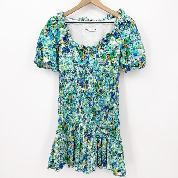 Zara Floral Smocked Mini Dress S Cottagecore Romantic Feminine European Chic - Picture 1 of 10